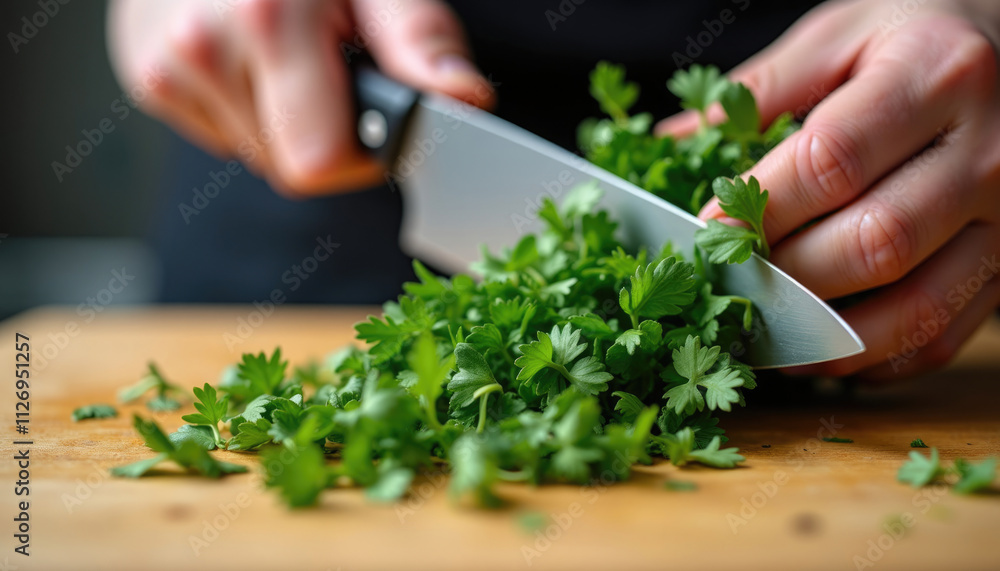 A chef expertly chops fresh parsley on a wooden cutting board using a sharp knife. A chef expertly chops fresh parsley on a wooden cutting board using a sharp knife.
