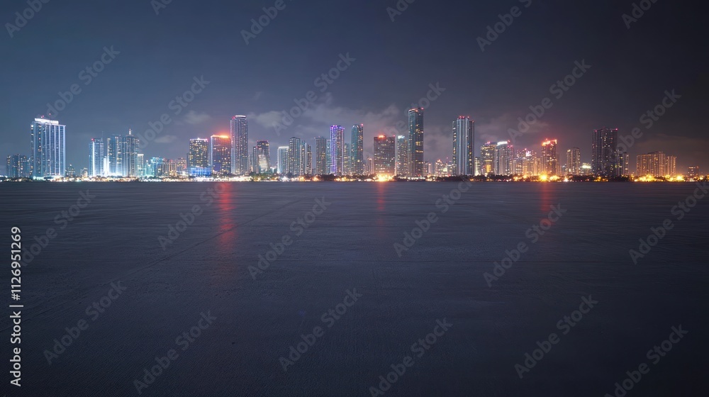 Fototapeta premium A nighttime cityscape featuring illuminated skyscrapers along a waterfront.