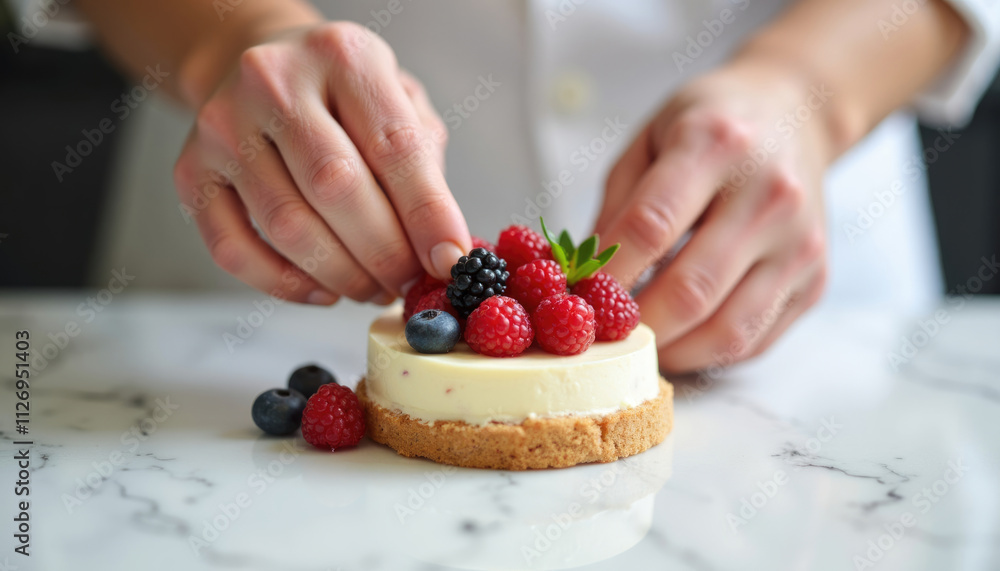 A pastry chef delicately places fresh raspberries and blueberries on a creamy cheesecake. A pastry chef delicately places fresh raspberries and blueberries on a creamy cheesecake.