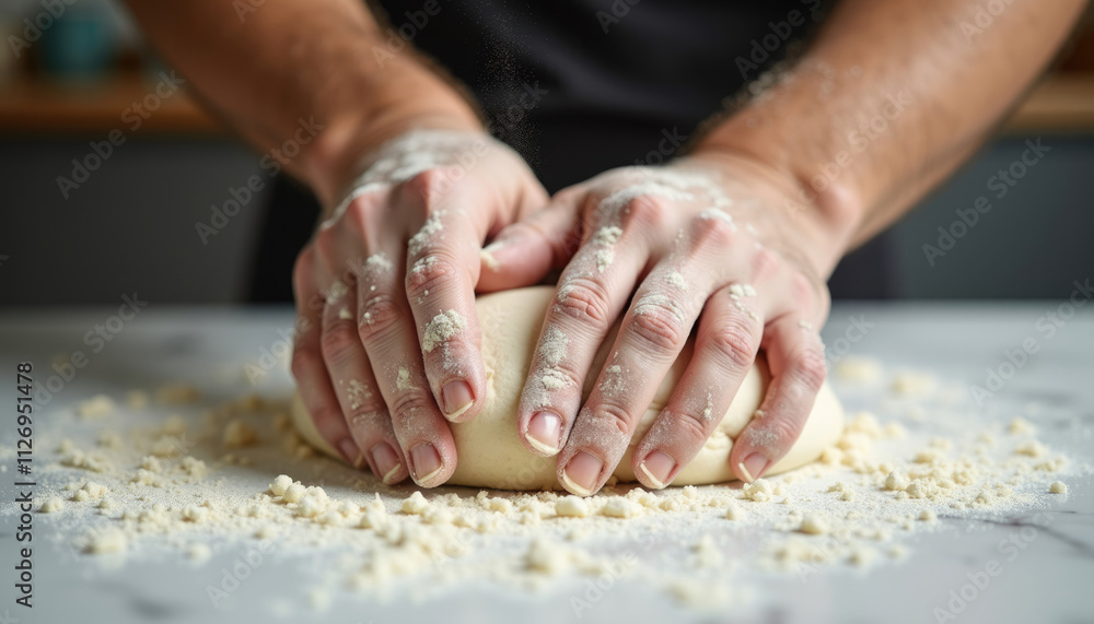 Hands kneading a ball of dough covered in flour on a marble surface. Hands kneading a ball of dough covered in flour on a marble surface.