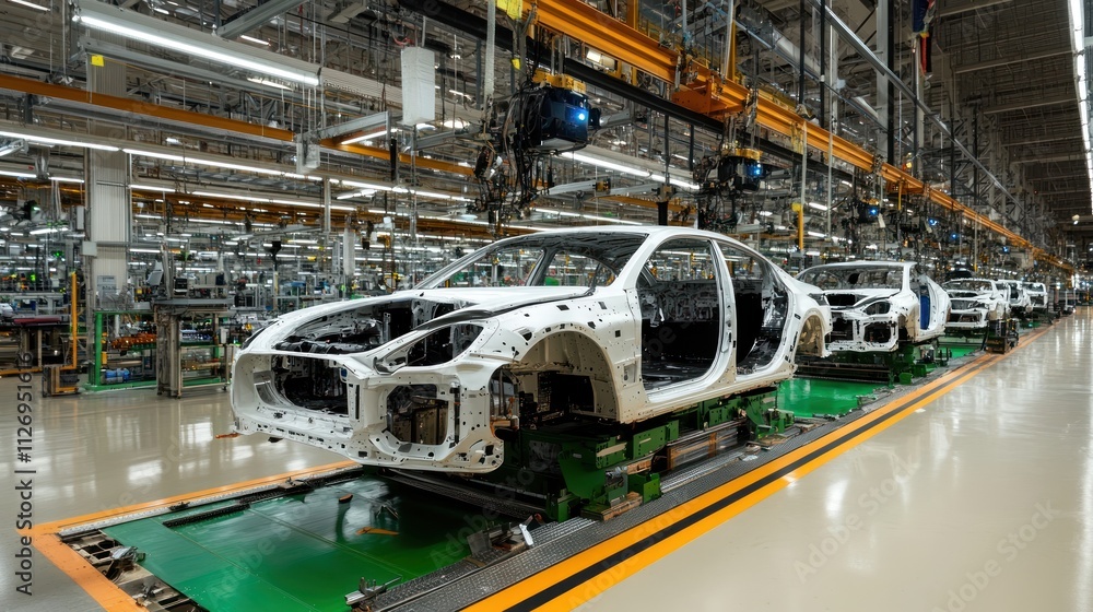 Assembly line with car chassis in a manufacturing facility. Assembly line with car chassis in a manufacturing facility.