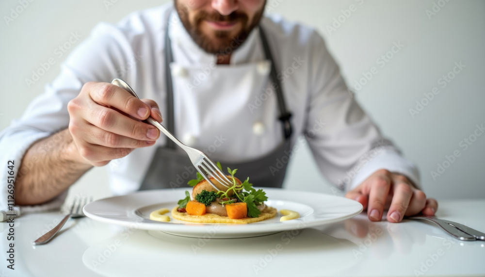 Chef delicately plating a gourmet dish of pan seared scallops with roasted vegetables on polenta.