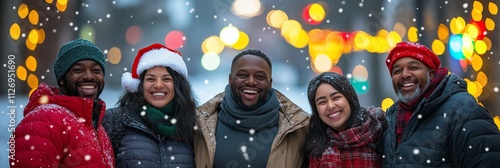 A lively group of friends celebrates winter together, sharing laughs in a snowy landscape filled with lights. photo