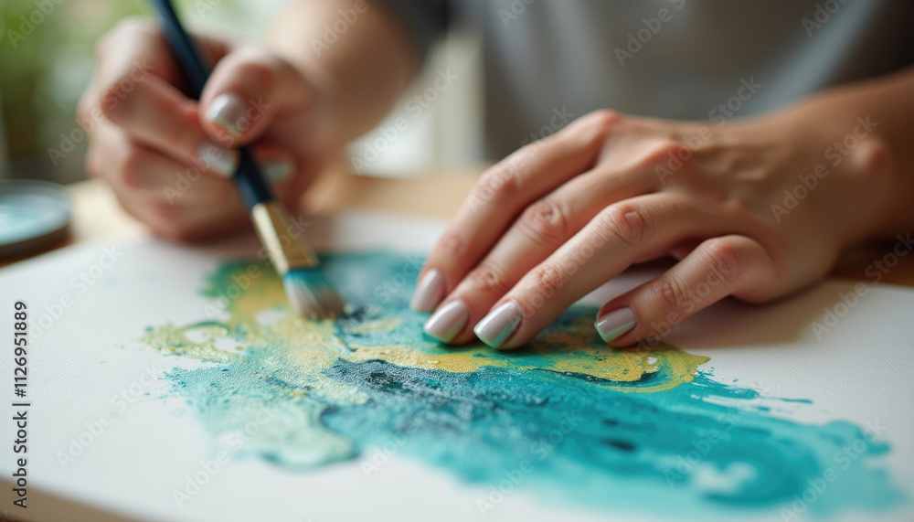 Fototapeta premium Close up of artist's hands delicately blending teal and gold acrylic paints onto a canvas.