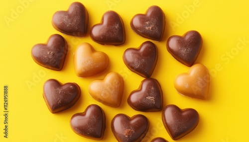 Delicious Chocolate Heart Candies on Yellow Background