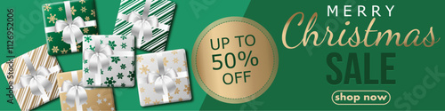 Christmas sale, template design discount banner with lot of gift boxes. realistic vector illustration to promote purchases in the winter season en gold and green. for card, flyer, website header