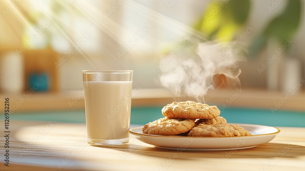 Warm Cookies with Glass of Milk on Table with Soft Natural Light and Cozy Atmosphere Warm Cookies with Glass of Milk on Table with Soft Natural Light and Cozy Atmosphere