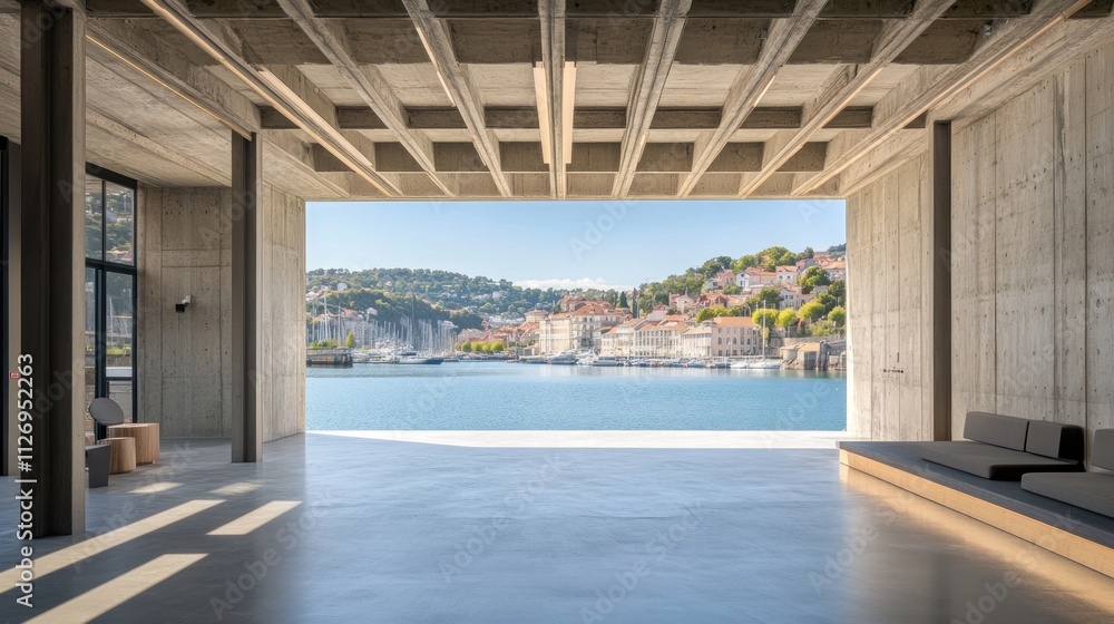 Modern interior with a view of a serene waterfront and urban landscape. Modern interior with a view of a serene waterfront and urban landscape.