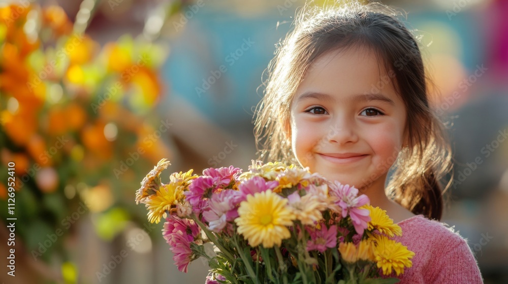 A Little Girl's Joyful Smile with a Bouquet of Flowers A Little Girl's Joyful Smile with a Bouquet of Flowers