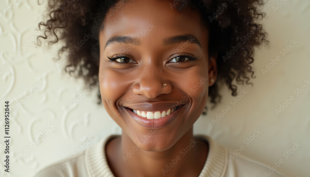 A close up portrait of a smiling young Black woman with curly hair and a nose piercing. A close up portrait of a smiling young Black woman with curly hair and a nose piercing.