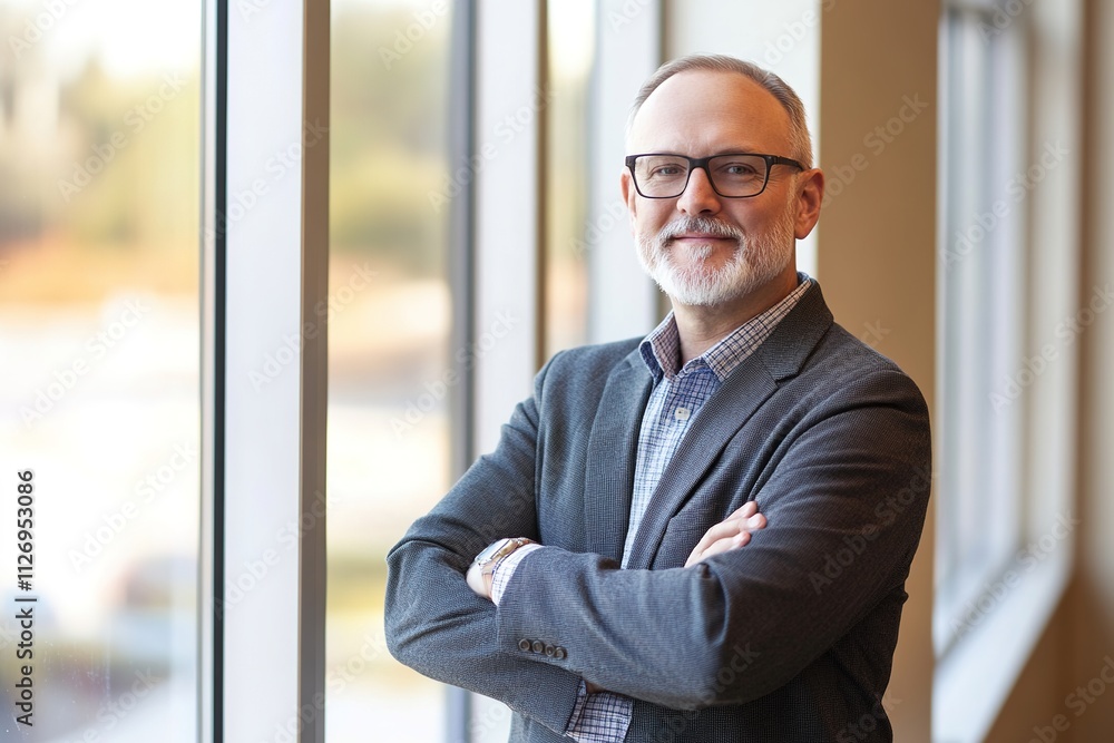 Confident businessman standing by window, arms crossed Confident businessman standing by window, arms crossed