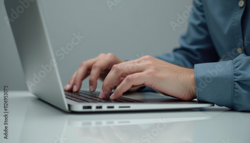 Close up of hands typing on a silver laptop keyboard.