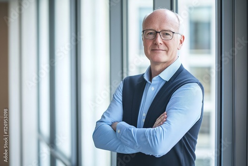 Confident businessman standing by office windows