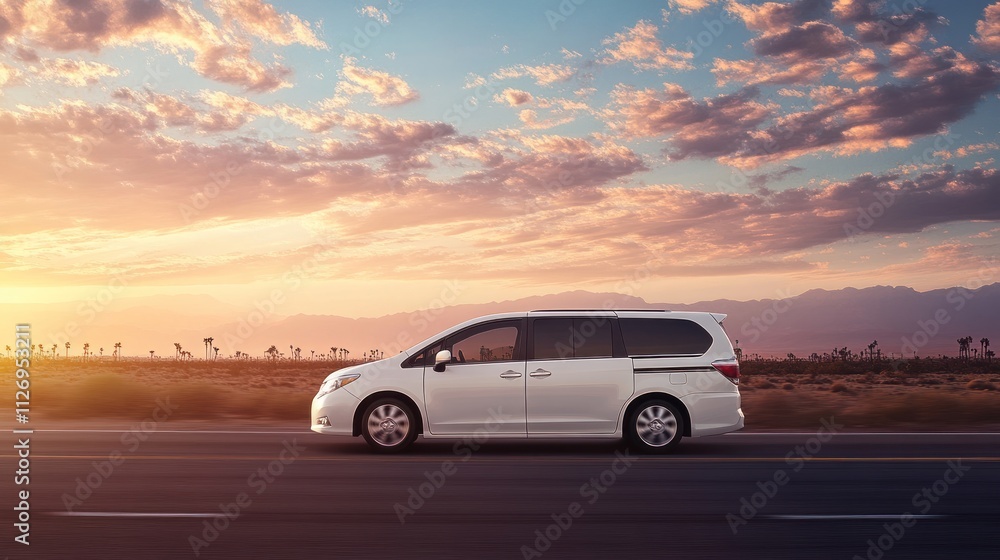 A white minivan drives along a road at sunset, surrounded by scenic desert landscape. A white minivan drives along a road at sunset, surrounded by scenic desert landscape.