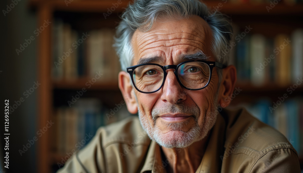 Smiling senior man in room with bookshelves. Smiling senior man in room with bookshelves.