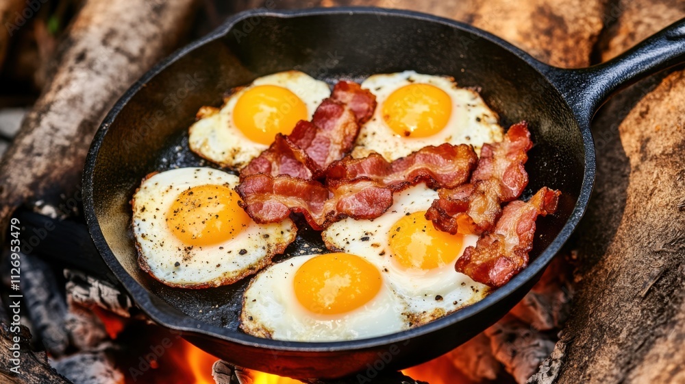 Crispy Bacon and Fried Eggs Cooking Over a Campfire in a Cast Iron Skillet Crispy Bacon and Fried Eggs Cooking Over a Campfire in a Cast Iron Skillet