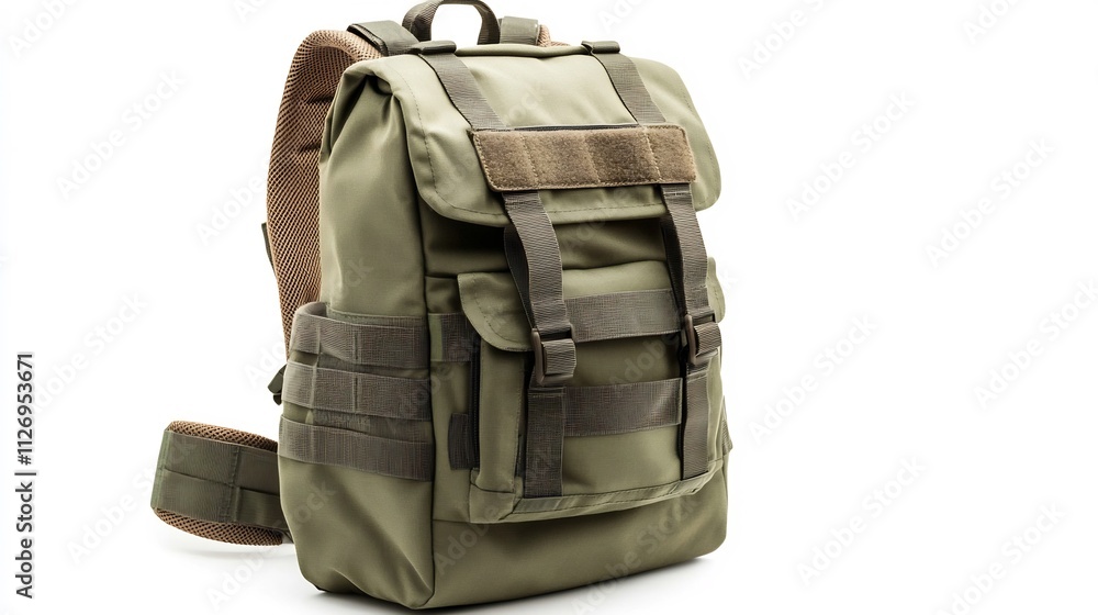 Tactical Backpack with Visible Straps and Gear on White Background Tactical Backpack with Visible Straps and Gear on White Background