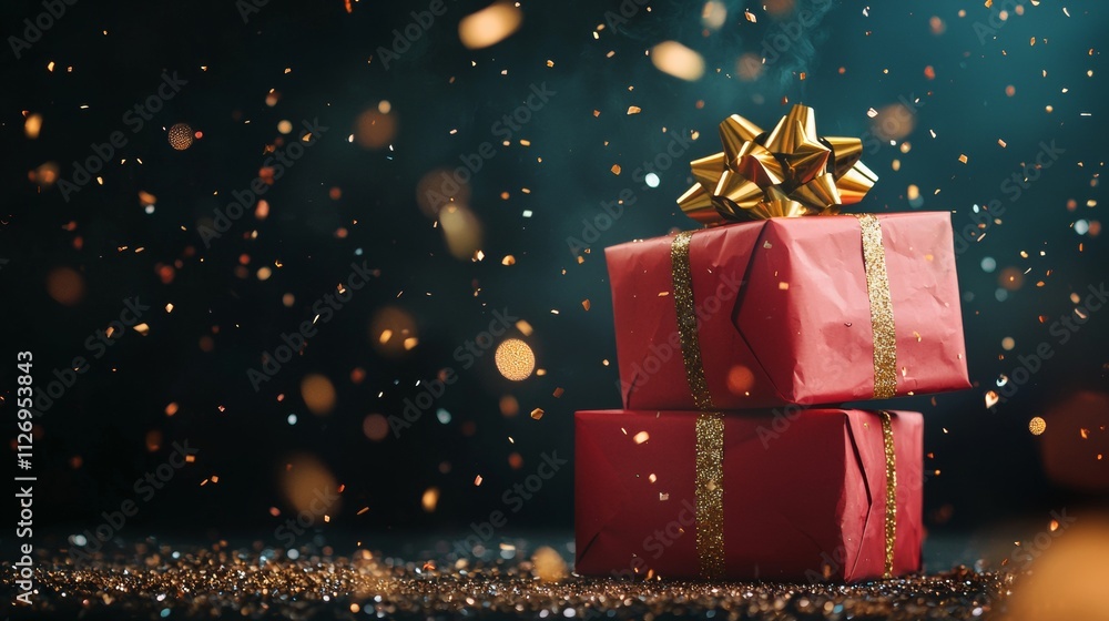 Festive red gift boxes with golden ribbons and sparkling confetti Festive red gift boxes with golden ribbons and sparkling confetti