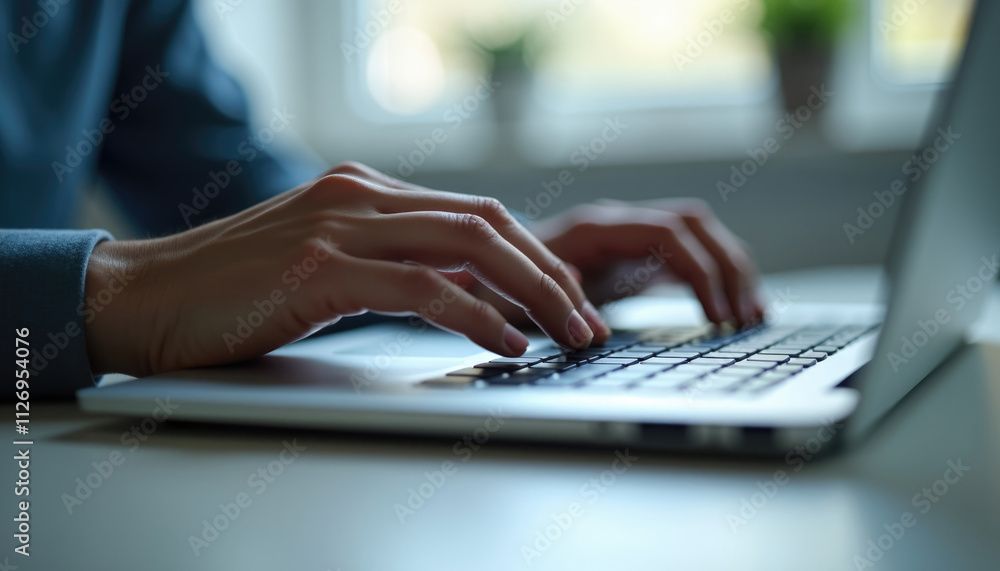 Close up of hands typing on a laptop keyboard showcasing digital work. Close up of hands typing on a laptop keyboard showcasing digital work.