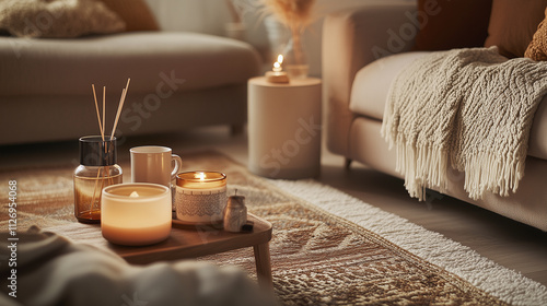 Living room in Pantone 17-1230 Mocha Mousse with sofa, table, diffuser, and candle