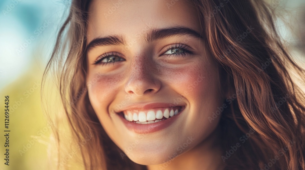 Closeup Portrait of a Smiling Woman with Freckles and Long Hair Closeup Portrait of a Smiling Woman with Freckles and Long Hair