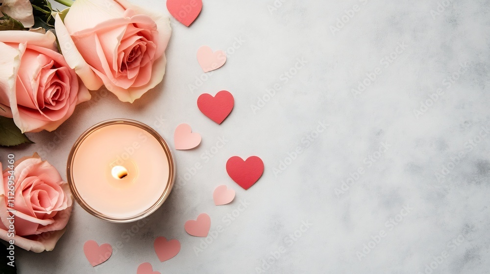 Elegant and Romantic Flat Lay with Roses,Candle,and Heart-Shaped Confetti Elegant and Romantic Flat Lay with Roses,Candle,and Heart-Shaped Confetti