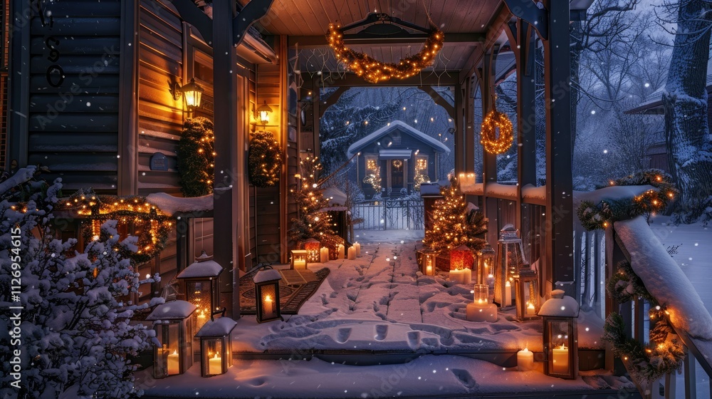 A beautiful winter front porch, decorated with lanterns, lights, and wreaths A beautiful winter front porch, decorated with lanterns, lights, and wreaths