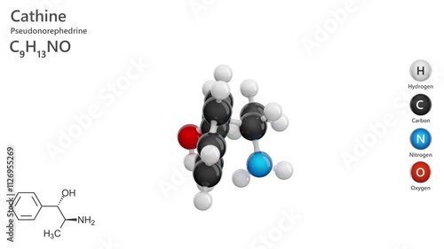 Cathine. Stimulant. Animated 3D model of a molecule. Molecular formula: C9H13NO. Chemical model: Ball and stick. White background. 3D rendering. Seamless loop. photo