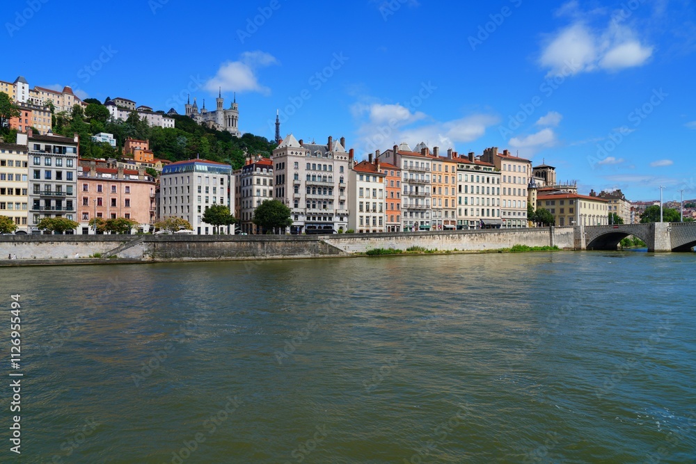 View of colorful buildings on the quay on the Saone River in downtown Lyon, France. View of colorful buildings on the quay on the Saone River in downtown Lyon, France.