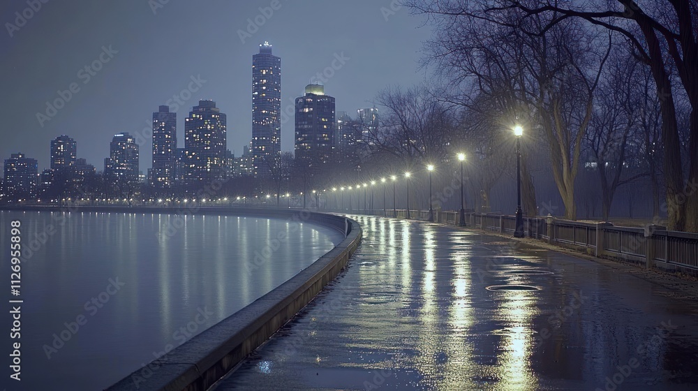 Fototapeta premium A serene nighttime cityscape with reflections on wet pavement and illuminated buildings.