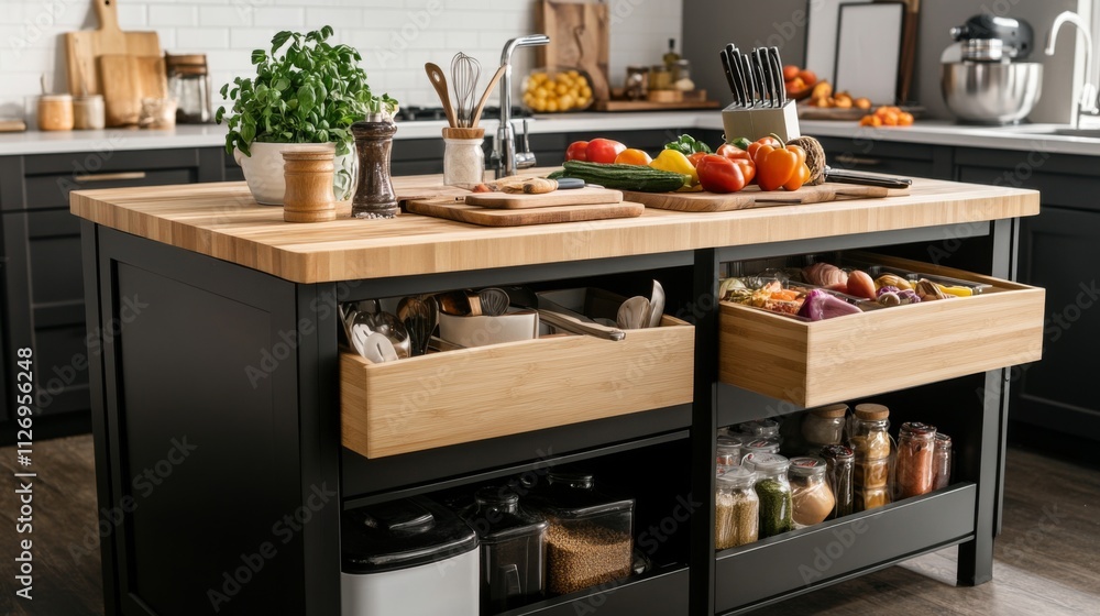 Modern Kitchen Island with Butcher Block Countertop and Organized Storage Modern Kitchen Island with Butcher Block Countertop and Organized Storage