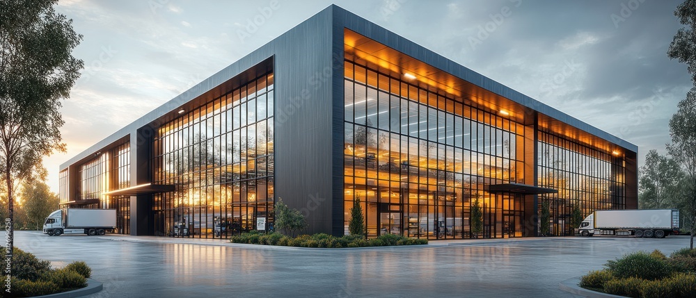 Modern industrial building with large glass facade. Modern industrial building with large glass facade.