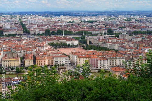 Landscape view of downtown Lyon seen from the Basilica of Notre Dame of Fourvière. photo