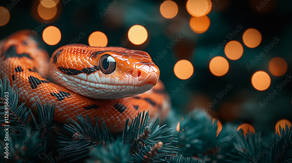 Snake on the background of a Christmas tree, Snake symbol of 2025 Snake on the background of a Christmas tree, Snake symbol of 2025