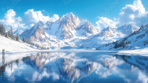 Wallpaper Mural Snowy mountain landscape reflected in serene lake. Torontodigital.ca