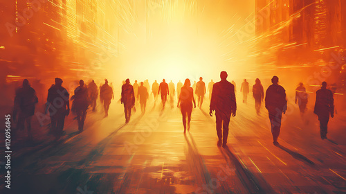 People walking to light, religion concept, rapture end of time, way to heaven, holy divide light shine at horizon, generative ai. Rapture. Illustration