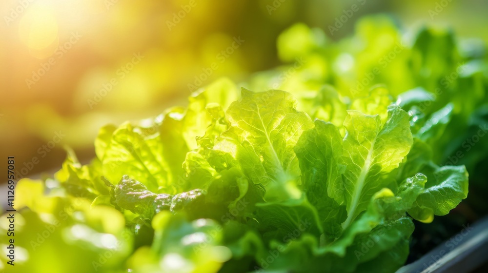 Close-up view of vibrant green lettuce leaves bathed in sunlight Close-up view of vibrant green lettuce leaves bathed in sunlight