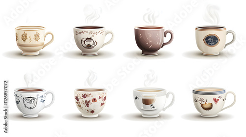 Set of Eight Vintage Coffee Mugs with Unique Designs photo