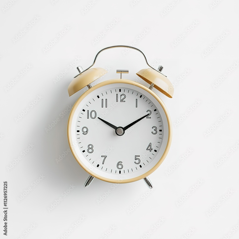A yellow alarm clock with a white face and black hands showing the time of 10:30 A yellow alarm clock with a white face and black hands showing the time of 10:30