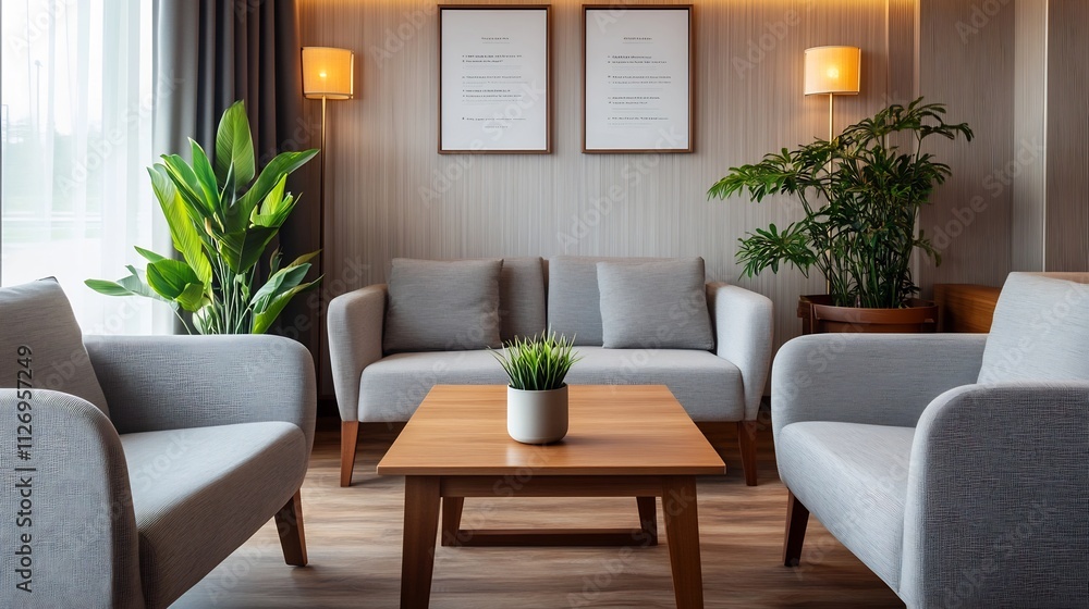 Cozy Lounge Area with Wooden Table and Ambient Lighting for Business Meetings Cozy Lounge Area with Wooden Table and Ambient Lighting for Business Meetings