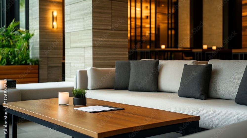 Fototapeta premium Cozy Lounge Area with Wooden Table and Ambient Lighting for Casual Business Meetings
