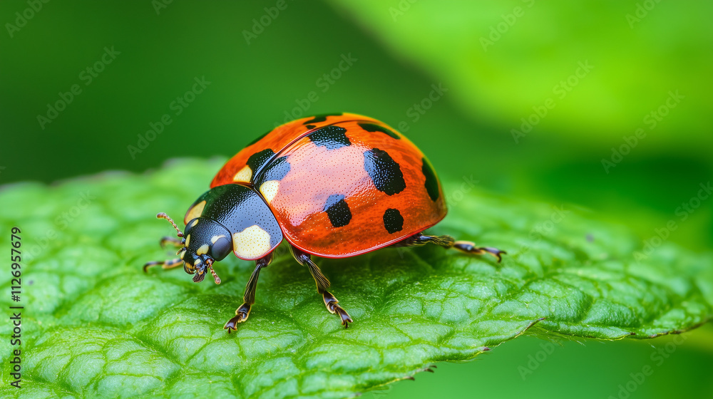 Ladybug crawling on fresh leaf with lush green background Ladybug crawling on fresh leaf with lush green background