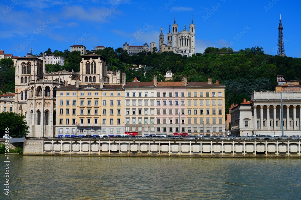 View of colorful buildings on the quay on the Saone River in downtown Lyon, France. View of colorful buildings on the quay on the Saone River in downtown Lyon, France.