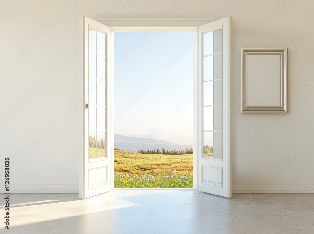 A serene open door reveals a bright landscape filled with flowers and distant mountains. A serene open door reveals a bright landscape filled with flowers and distant mountains.