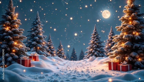 Winter night landscape with snowy trees, glowing presents, and falling snow under the full moon