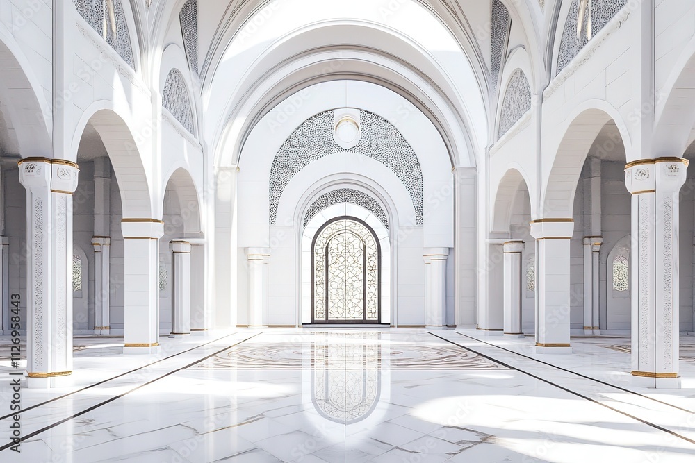 Obraz premium Mosque interiors with defocused pillars, windows, and doors, crafting an abstract backdrop. 