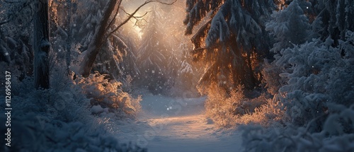 Serene winter forest illuminated by soft light and snowflakes.