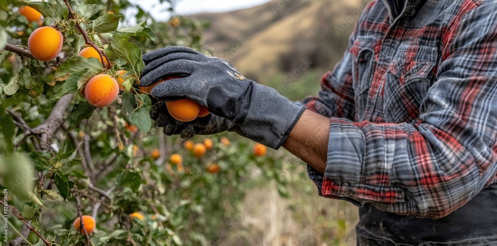 A person harvesting ripe apricots from a tree in a rural setting. A person harvesting ripe apricots from a tree in a rural setting.