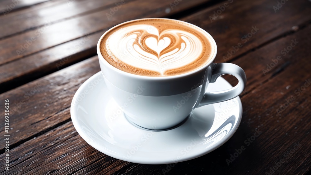Close up hot cappuccino white coffee cup with heart shape latte art on dark brown old wood table at cafe,food and drink concept Close up hot cappuccino white coffee cup with heart shape latte art on dark brown old wood table at cafe,food and drink concept