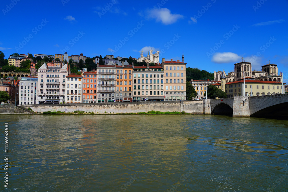 View of colorful buildings on the quay on the Saone River in downtown Lyon, France. View of colorful buildings on the quay on the Saone River in downtown Lyon, France.